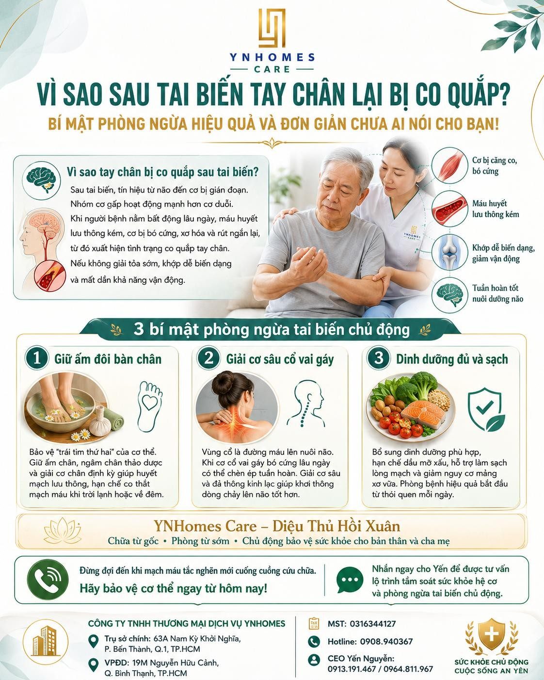 Vì sao sau tai biến tay chân co quắp và 3 việc đơn giản để phòng từ sớm – YNHomes Care