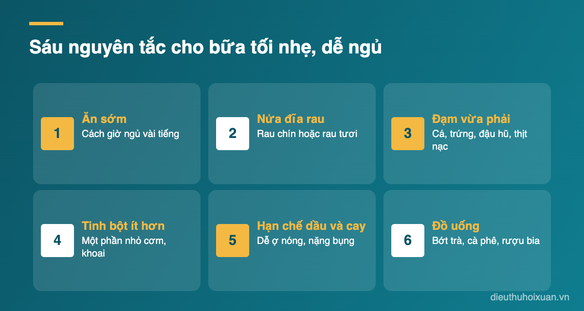 Sáu nguyên tắc cho bữa tối nhẹ: ăn sớm, nửa đĩa rau, đạm vừa phải, ít tinh bột, hạn chế dầu và cay, bớt đồ uống kích thích
