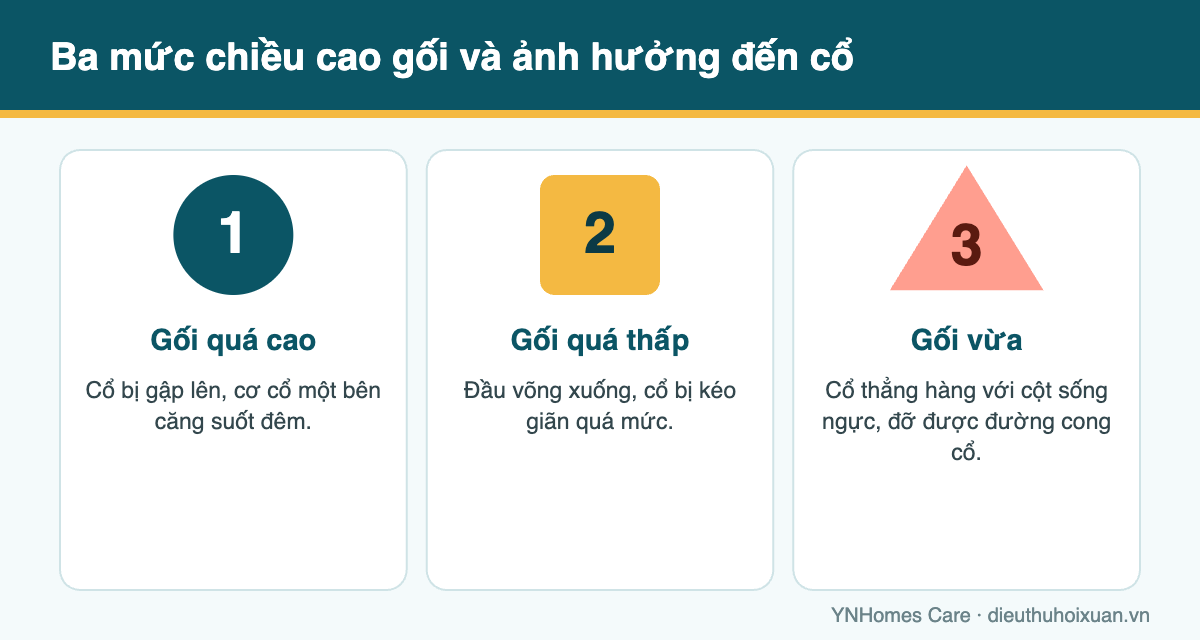 Sơ đồ so sánh gối quá cao, quá thấp và gối vừa